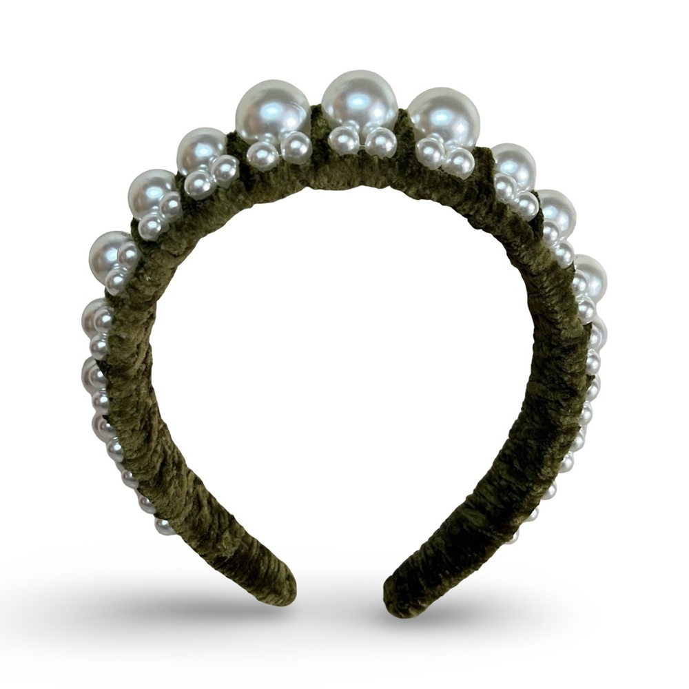 ANTHROPOLOGIE Highlands Double Pearl Embellished Velvet Headband Moss Green